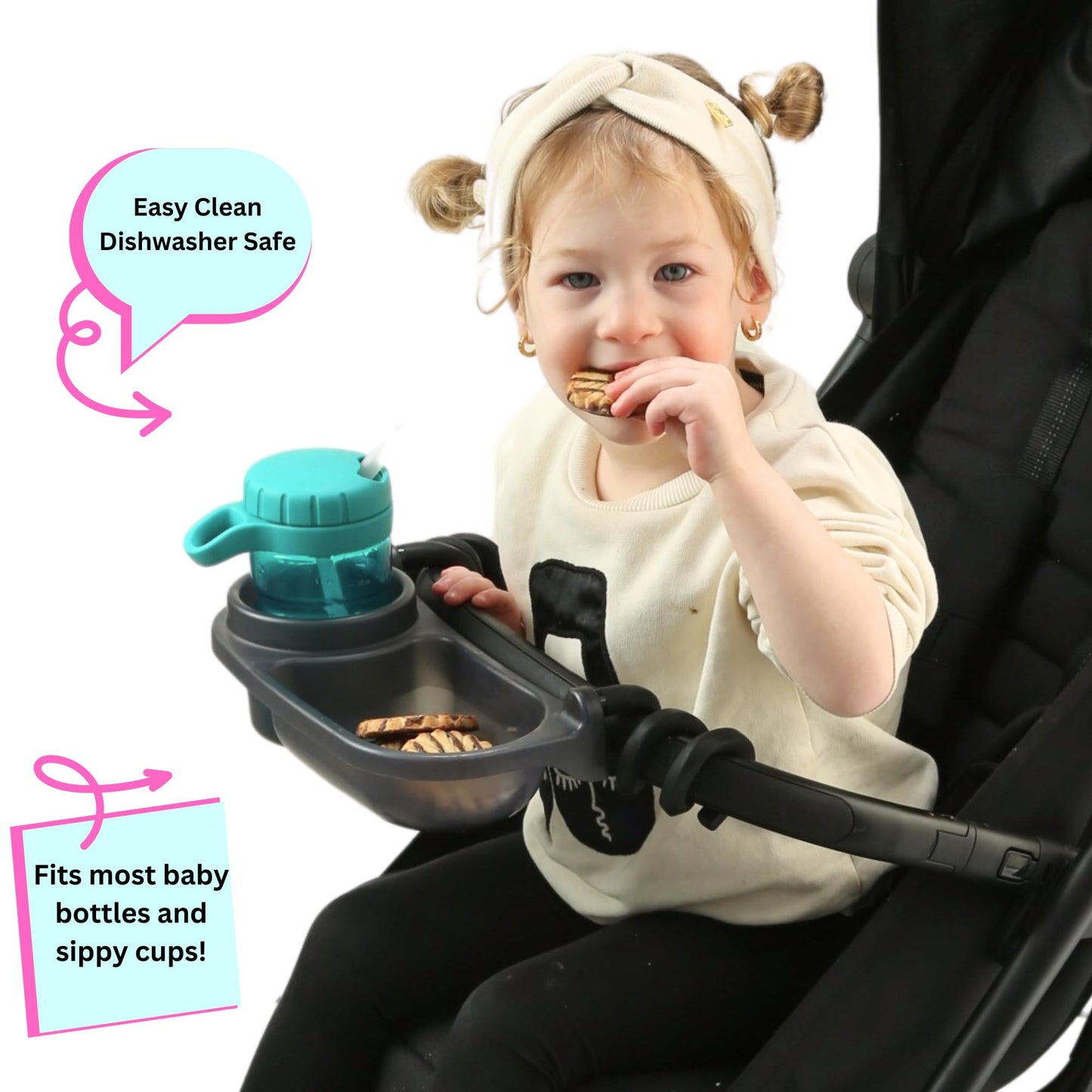 Swanoo Universal Stroller Snack Tray | Compatible With Nuna Mockingbird Bugaboo Uppababy | Stroller Bumper Bar Tray Attachment with Cup Holder | Baby Toddler Disneyland Essentials Stroller Accessories