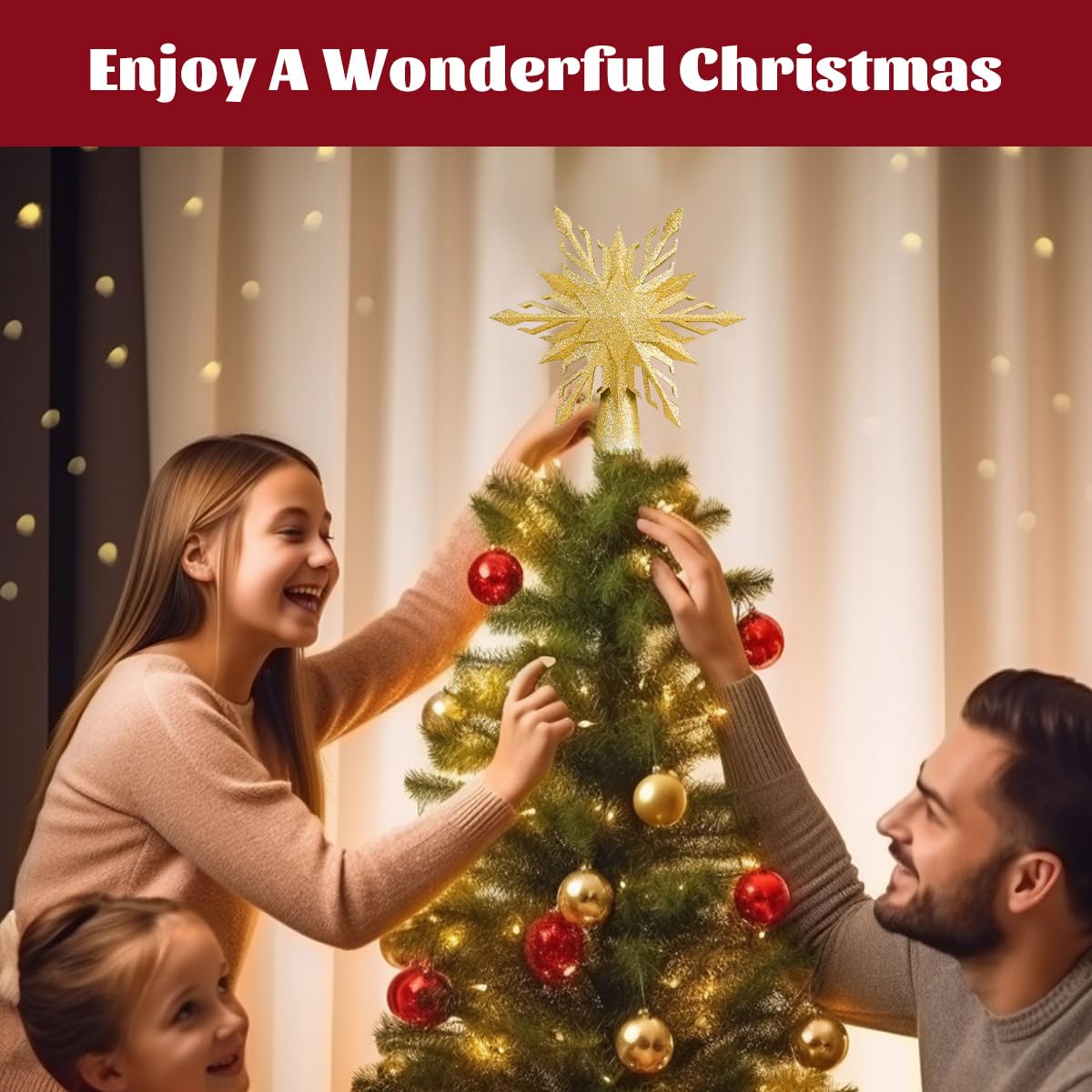 Christmas Star Tree Topper Lighted with Led Snowflake Projection, Christmas Tree Topper Star with Built-in LED Rotating 3D Projector Lights, Christmas Decoration for Family Office Indoor (Gold)