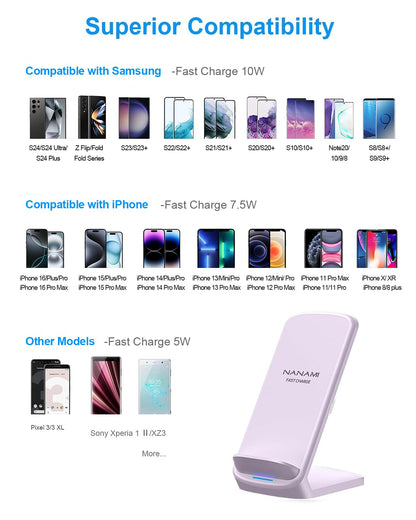 NANAMI Upgraded Fast Wireless Charger, Qi-Certified Wireless Charging Stand Compatible with Samsung Galaxy S25/S24/S23/S22/S21/S20 & Qi Phone Charger for iPhone 17/17 Air/16/16 Plus/16 Pro/15/14/13