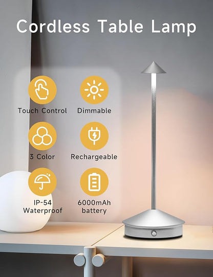 Cordless Table Lamps,LED Rechargeable Desk Lamp,Portable Modern USB Battery Operated Lights,Outdoor Waterproof Touch Dimmable,for Patio,Restaurant,Bar,Camping,Dining Home Set of 2 Silver