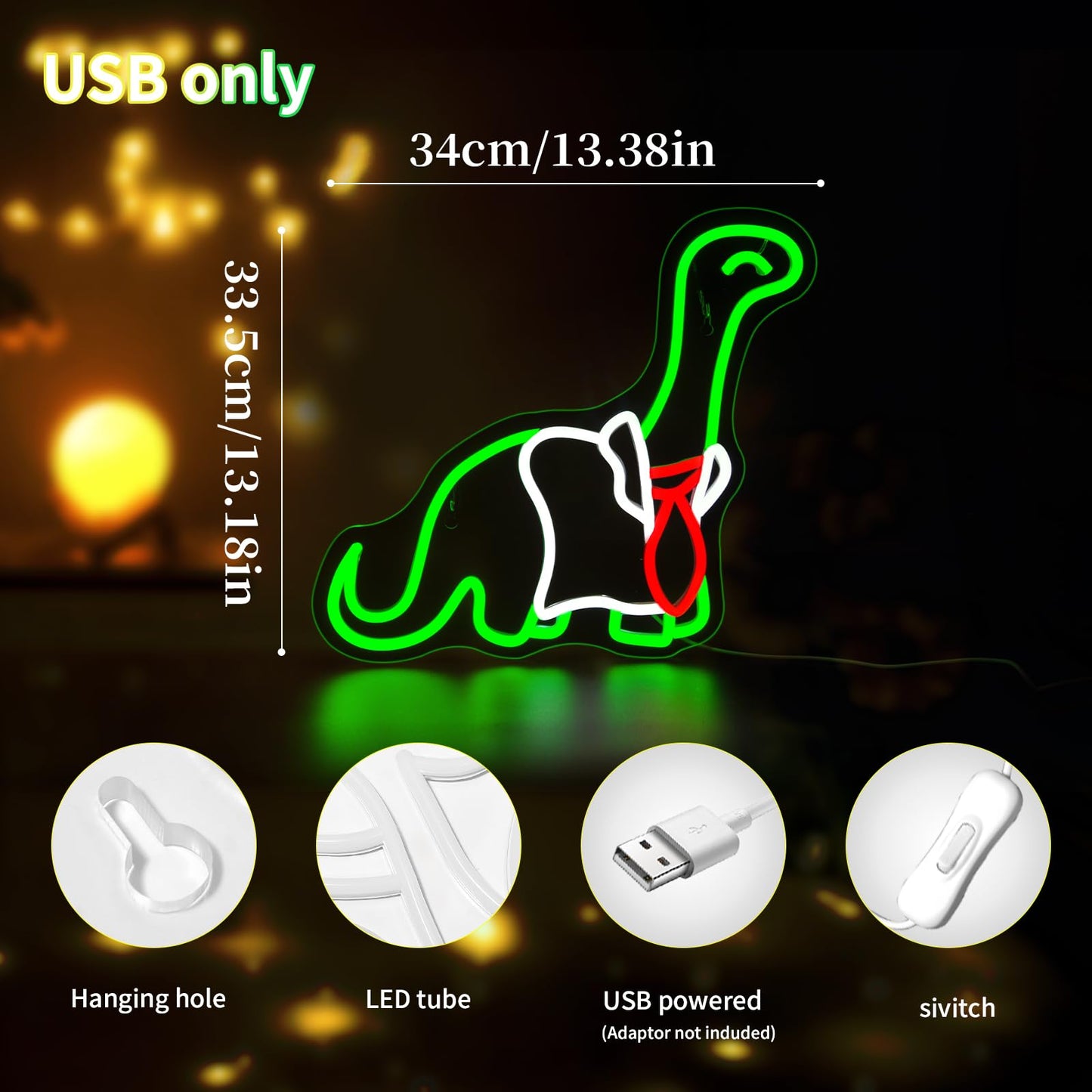 Qetibwk Dinosaur Neon Sign for Wall Decor Led Neon Signs Light Up Sign Room Decor Neon Lights Sign USB Powered