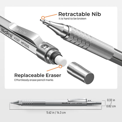 Nicpro 0.7 Metal Mechanical Pencil Set with Case, 3PCS MP1000 0.7mm Artist Lead Pencil With 8 Tube HB Refills, 3 Erasers, 9 Eraser Refill For Architect Art Drafting Drawing Engineering, Sketching