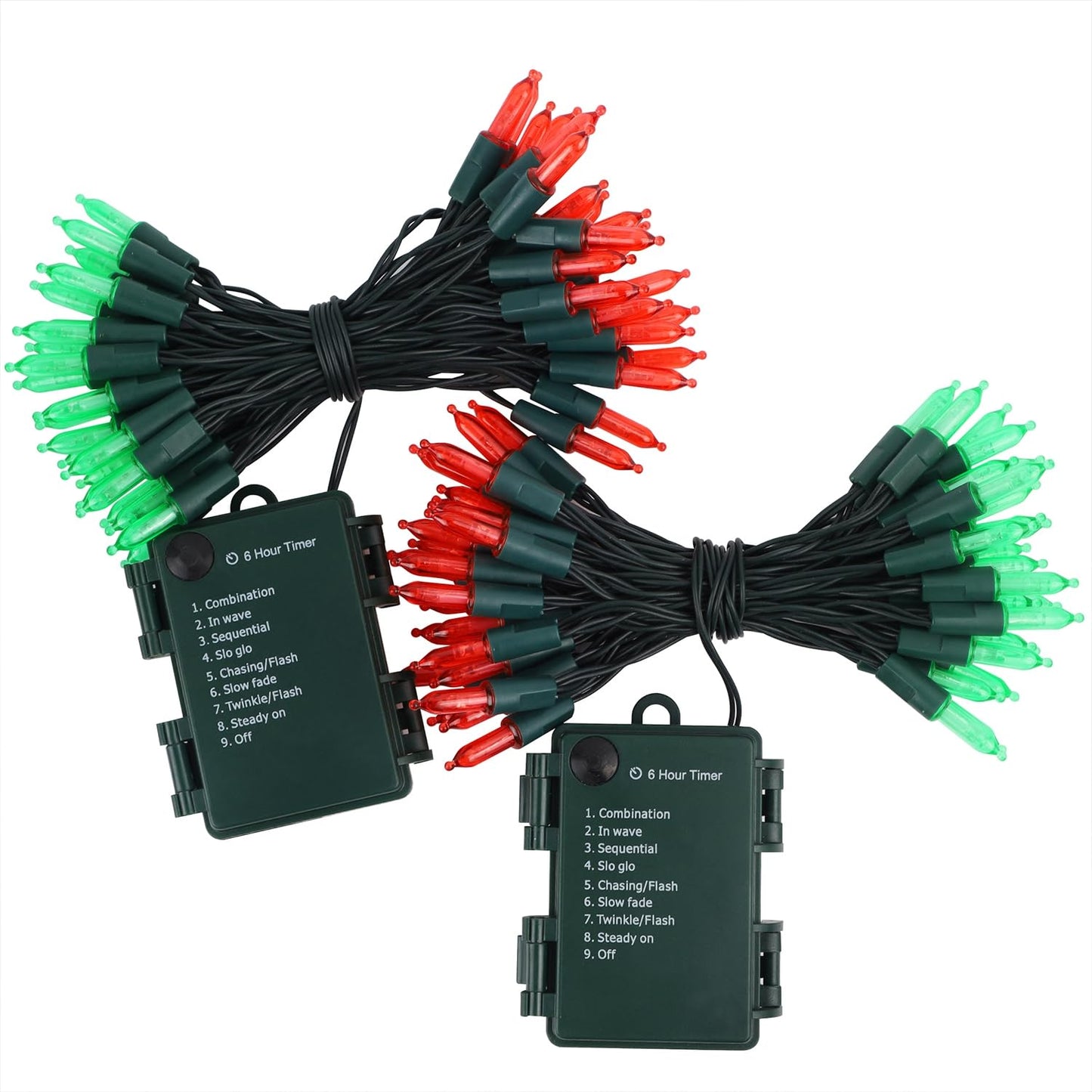 WATERGLIDE 2 Pack 50 LED Outdoor Christmas Lights, 16FT Battery Operated Mini String Lights with 8 Modes & Timer, Xmas Tree Lights Waterproof for Patio Garden Party Wedding Holiday Decor, Red & Green