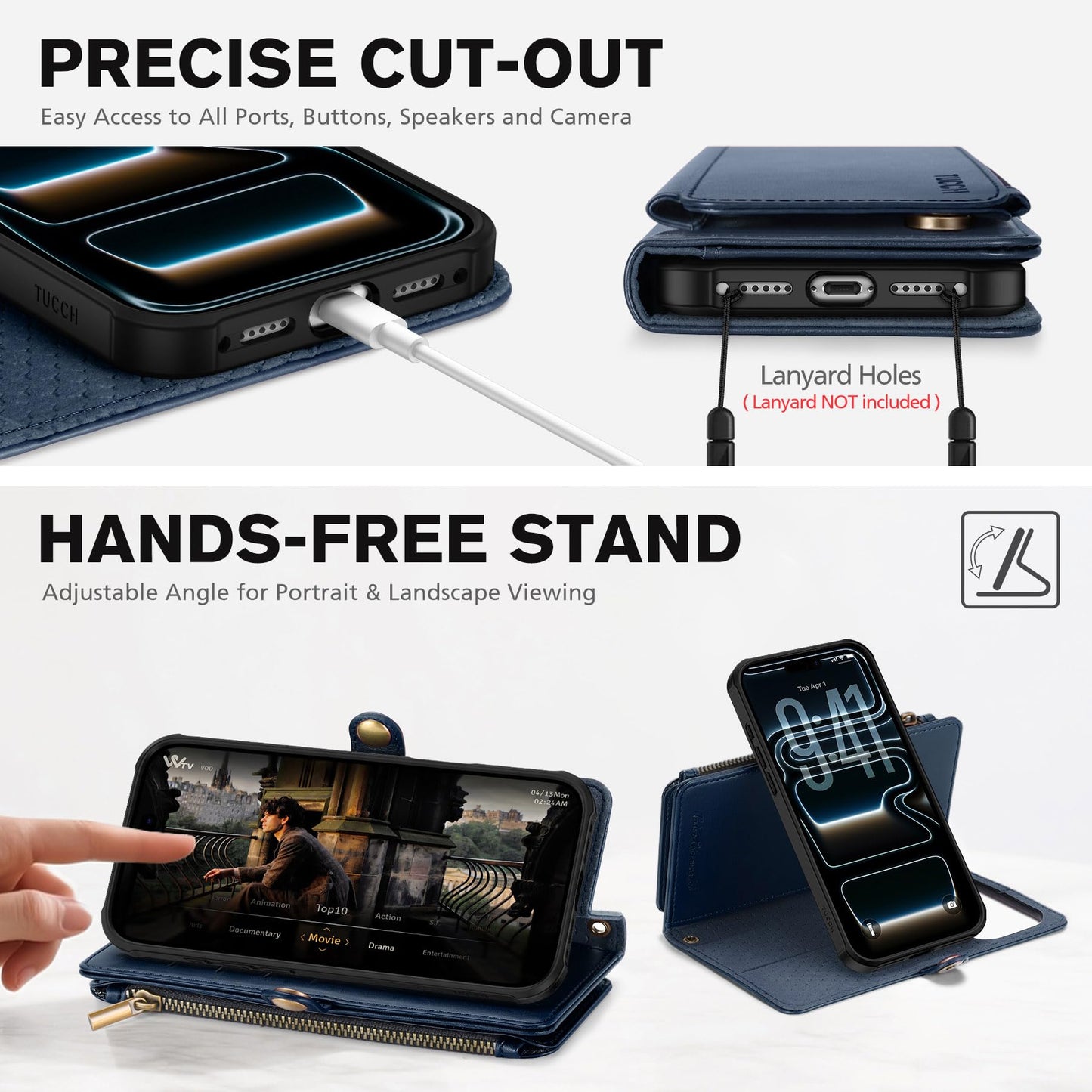 TUCCH Crossbody Detachable Wallet Case for iPhone 17 Pro Max 6.9", 10 Card Holders RFID Blocking, Wireless Charging, Stand, Wrist Strap, Lanyard, Zipper Pocket, PU Leather Shockproof Cover, Dark Blue