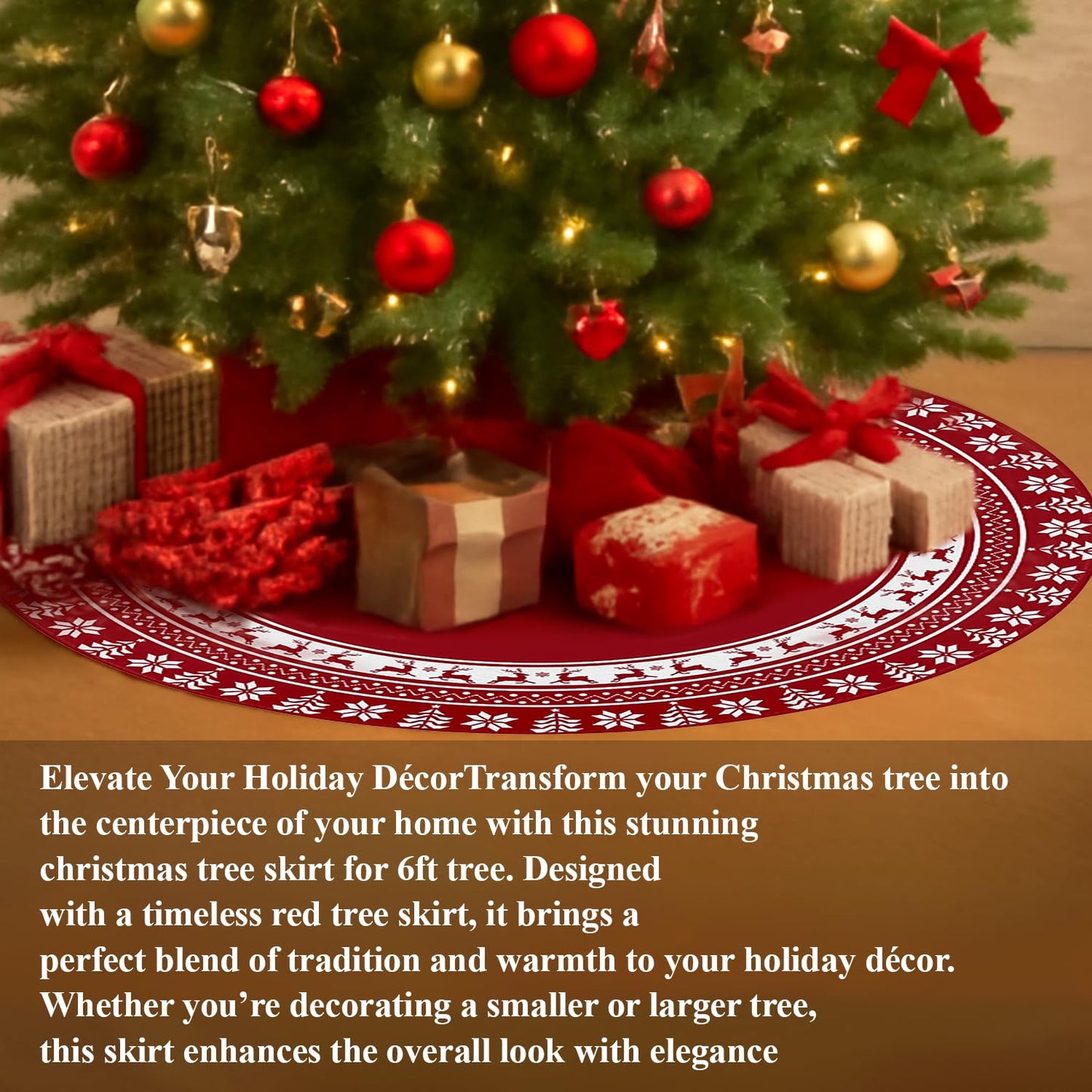 Lizuart Christmas Tree Skirt 48 Inches | Red Xmas Tree Skirt with Rustic Snowflake & Reindeer Pattern, Fits 5 to 7 Foot Trees, Perfect Christmas Decorations for Holiday Trees.