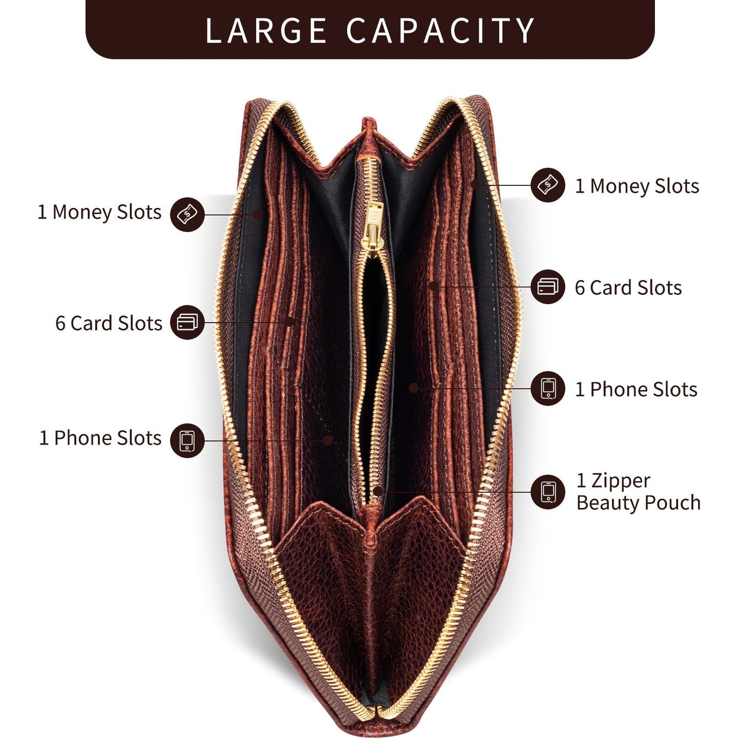 RMAWRAD genuine leather long bi-fold wallet/card holder, unisex, made of full-grain cowhide, with card slots and a coin purse, brown.