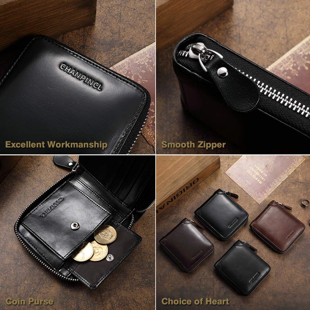 Mens Genuine Leather Zipper Wallet RFID Secure Large Capacity Double Fold Multi-card Leather Wallets for Men and coin purse (Oil wax black)