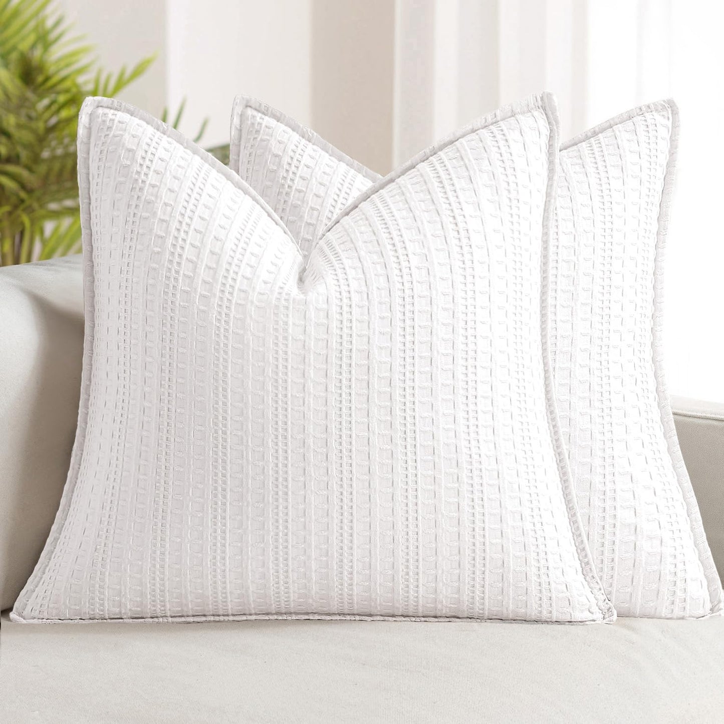 Woaboy Set of 2 Decorative 100% Cotton Waffle Throw Pillow Covers 18x18, Neutral Euro Shams Weave European Cushion Cases for Couch Sofa Bed Modern Farmhouse Home Decor, White