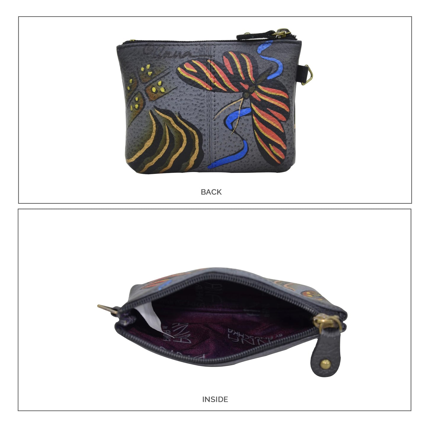 Anna by Anuschka Women's Hand Painted Genuine Leather Coin Pouch - Rose Safari Grey