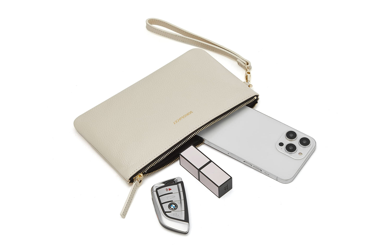 DORIS&JACKY Small Leather Wristlet Clutch Purse for Women Slim Designer Wallet and Cellphone Pouch Bag With Detachable Strap (Off White)