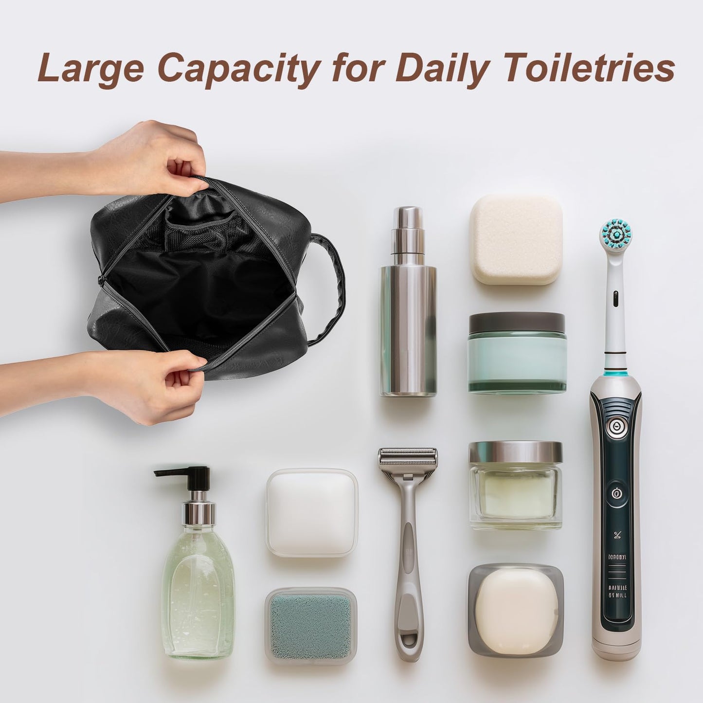 Ezday Travel Toiletry Bag for Men and Women, Travel Shaving Dopp Kit Water-resistant Bathroom Toiletries Organizer PU Leather Cosmetic Bags (Black)