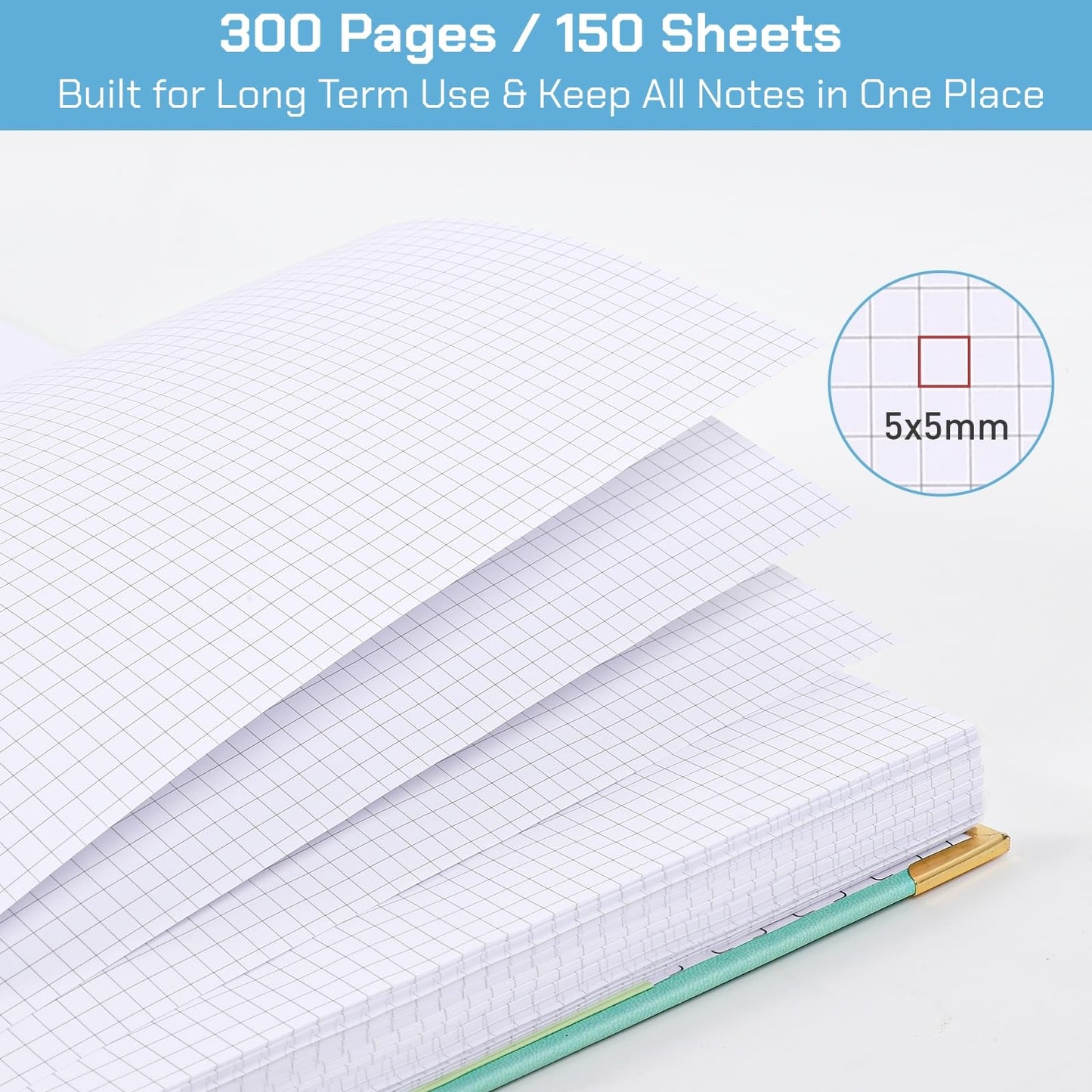 Graph Paper Notebook, 8.5” x 11” Graphing Notebook, 300 Pages, Large Hardcover Grid Notebook Journal, Graph Paper Spiral Notebook with Thick Paper, Pockets for School and Office Supplies, Purple