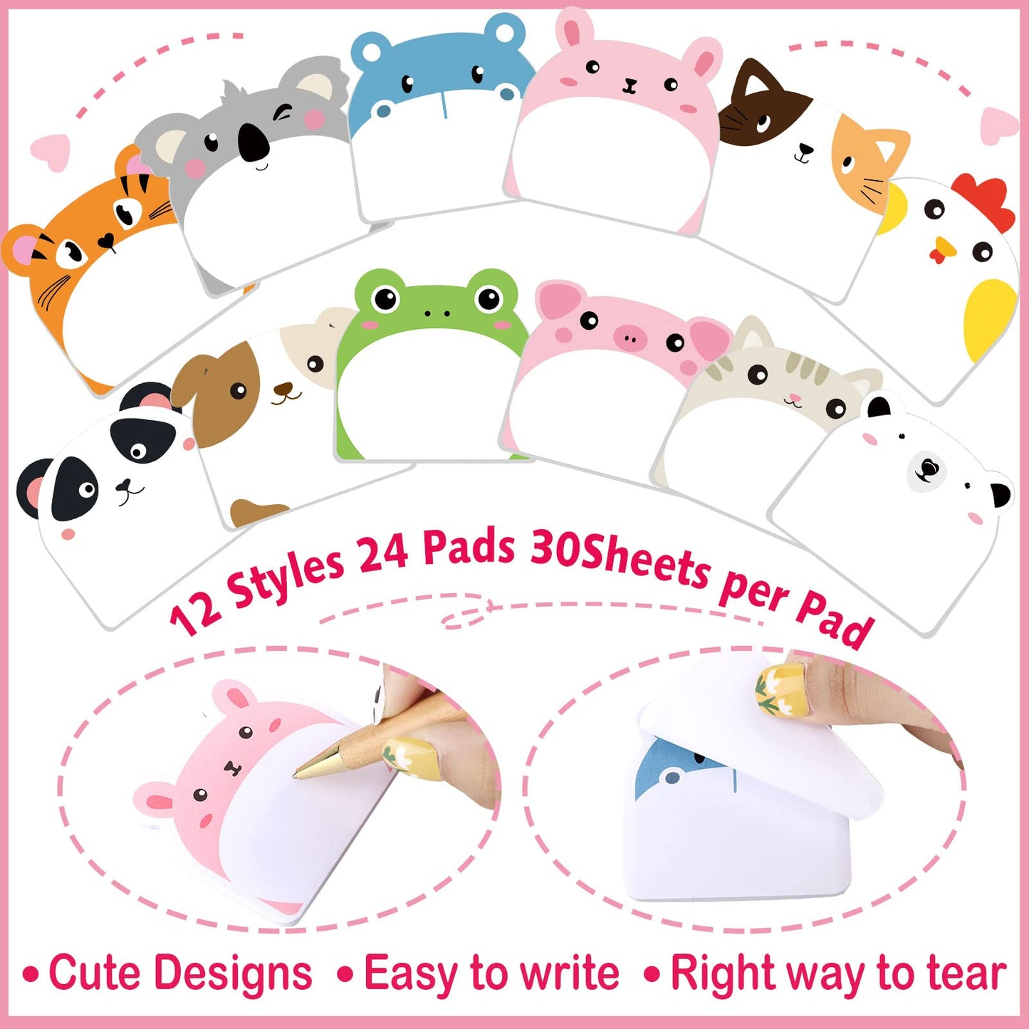 Yinder 24 Pads Cute Sticky Notes Fun Kawaii Animal Sticky Notes Pads Bulk Cartoon Memo Self Adhesive Gift for Valentines Veterinary Office School Tab Party Supplies(Classic Animals)
