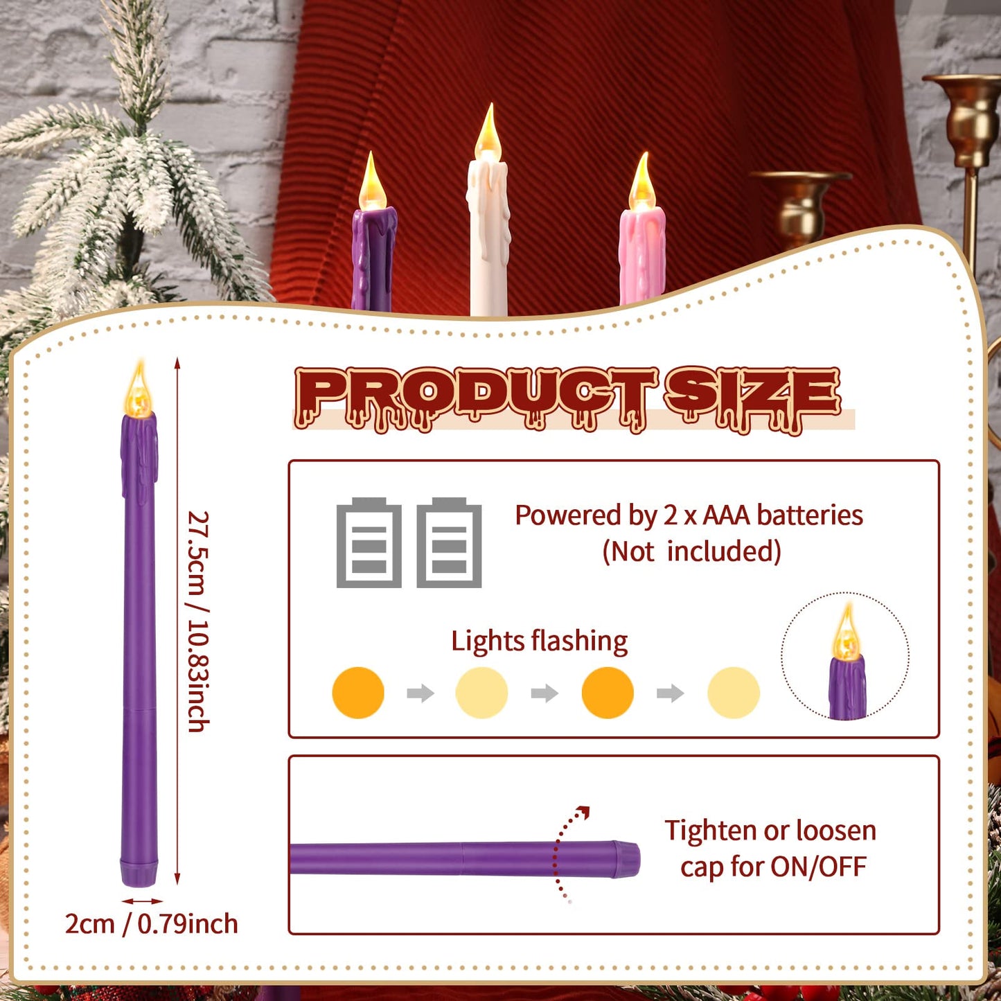 BBTO Christmas Flameless Advent Candles Set of 5 Battery Operated Candles LED Taper Candle Purple & Pink Glitter Flickering Candle for Christmas Fireplace Wreath Decor(Teardrop Style)