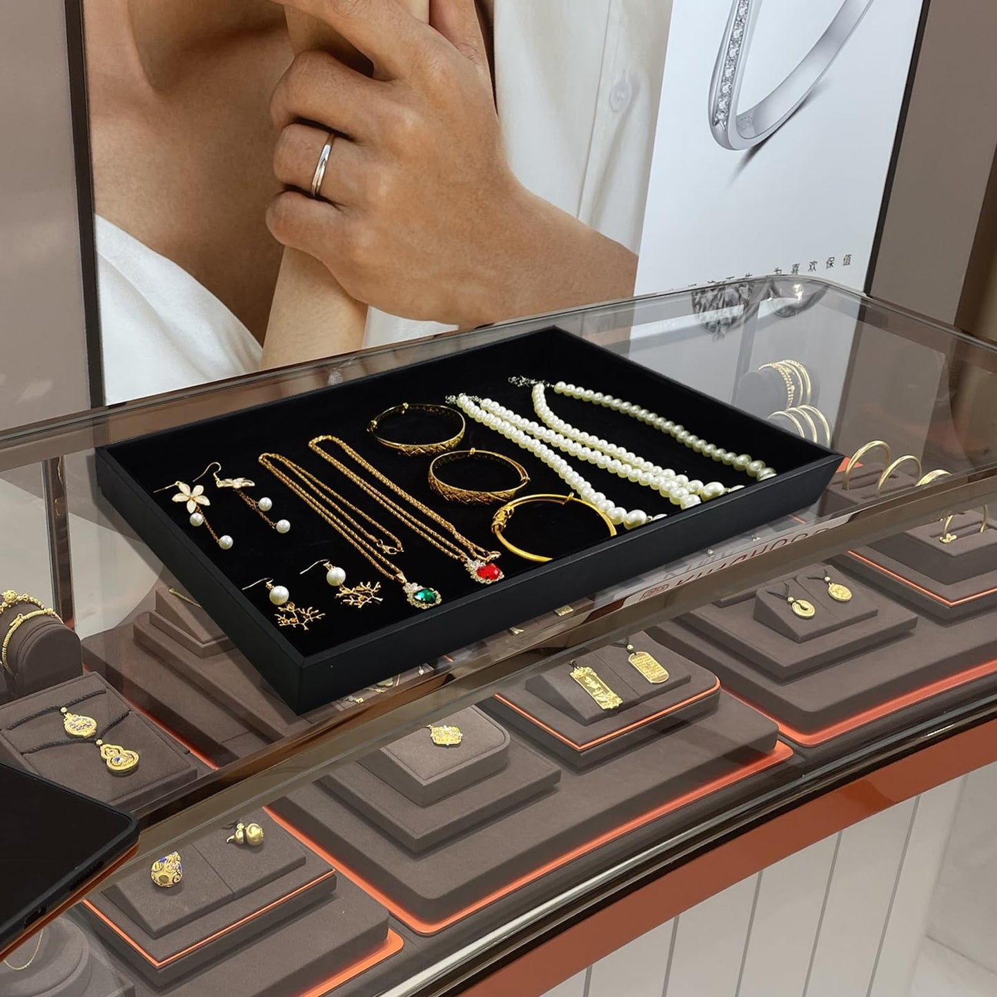 SCIKHEFT Black Velvet Stackable Jewelry Display Tray Storage Organizing Trays Empty Plate (13.78" L x 9.45" W x 1.18" H in) (2)