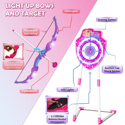 VATOS 2 Pack Bow and Arrow Toy with LED Light - 4 in 1 Archery & Dart Game Set with 20 Suction Cup Arrows, Mermaid Glow Target & Dart Board - Indoor/Outdoor Birthday Gift for Kids Boys Girls Ages 5-12