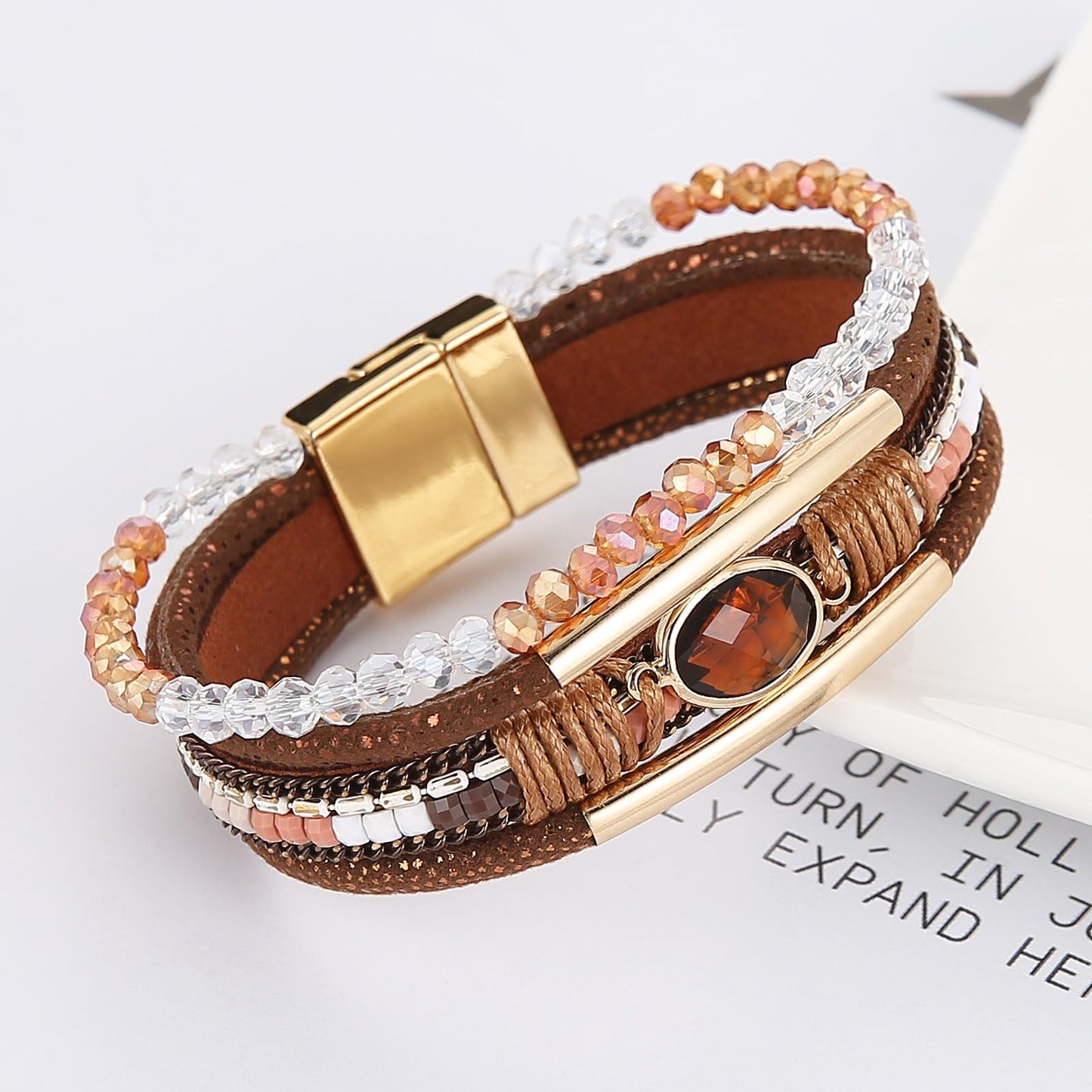 HZMAN Boho Handmade Multilayer Leather Wrap Bracelets for Women Acrylic Crystal Cuff Bangle Jewelry Gift