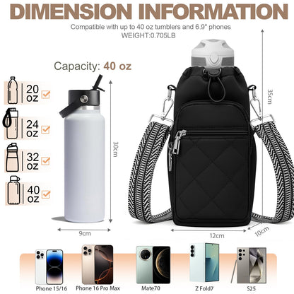 SYTRAH Water Bottle Carrier Bag with Strap, Water Bottle Purse with Phone Pocket 40oz, Insulated Crossbody Bags for Walking Hiking Black