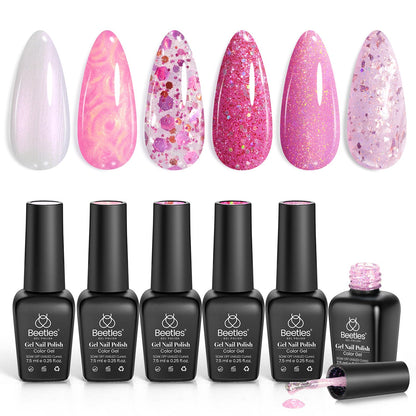 Beetles Cat Eye Gel Nail Polish Set, 6 Summer Colors Pastel Shimmer Glitter Gel Polish Kit Soak Off LED UV Curing Requires Pink Red Blue Orange Green Purple Velvet Gel with Magnet Gift for Women