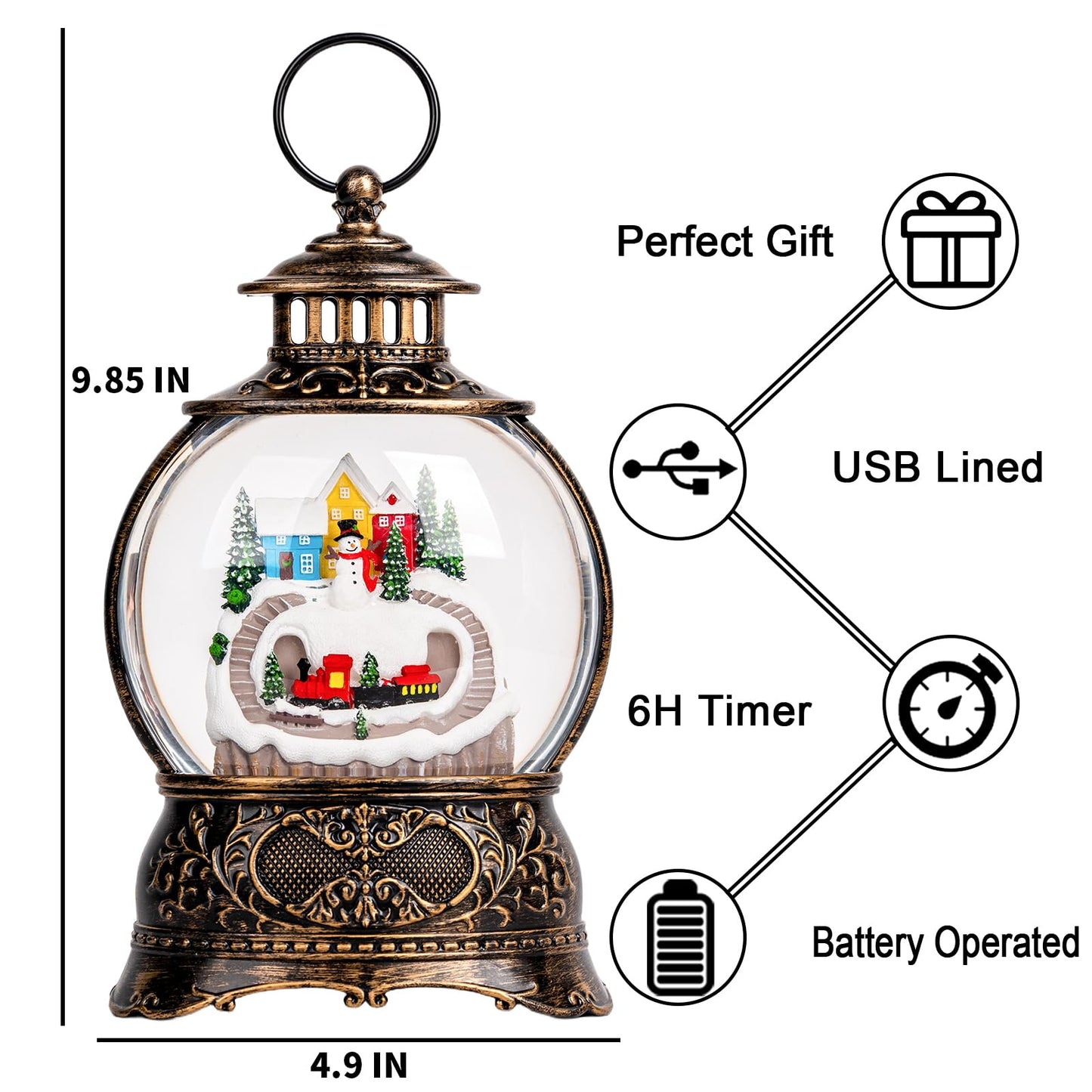 Christmas Village Snow Globe Lantern – LED Musical Swirling Glitter Water Globe, Snowy Village with Train, Battery or USB Powered, Auto Timer – Tabletop Decor & Gift