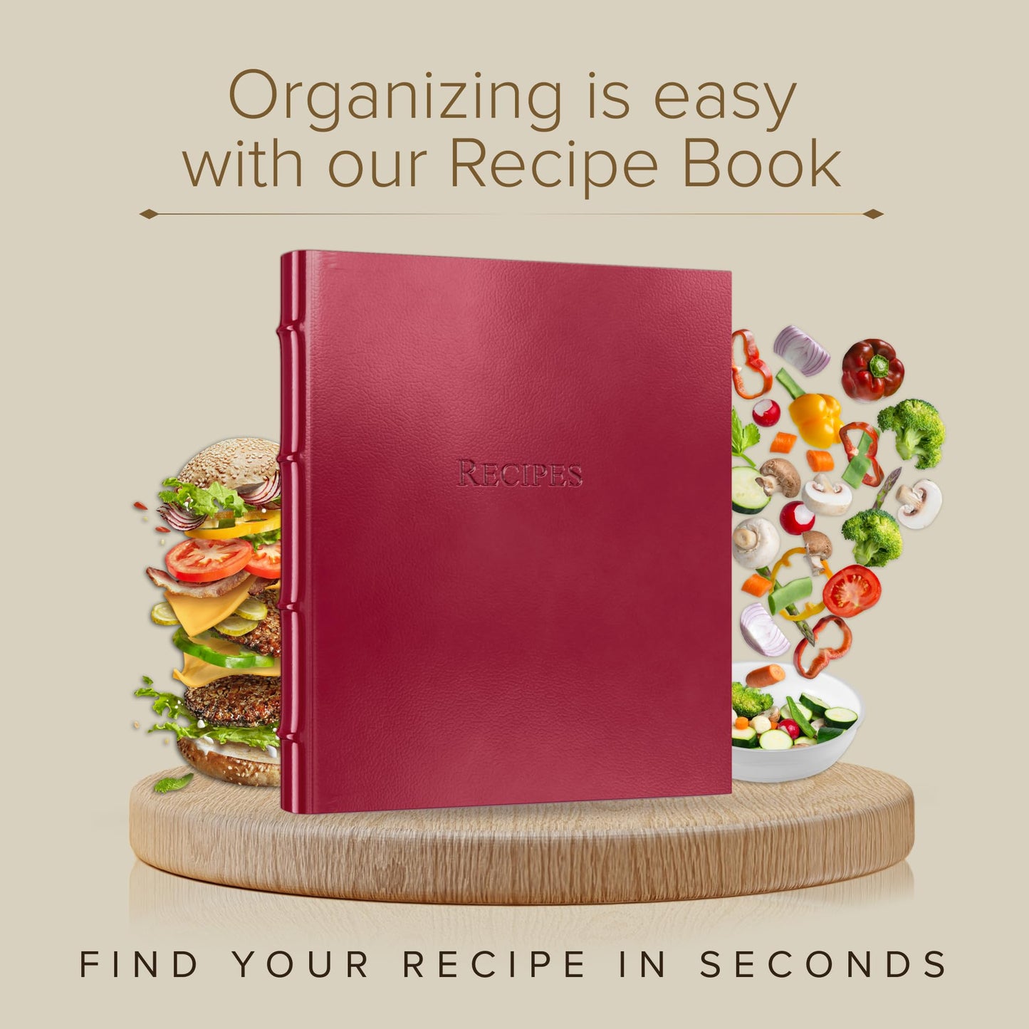 Gallery Leather Recipe book to write in your own recipes - 3 Ring Recipe Binder With Plastic Sleeves, Blank, 25 Pocket Pages and Ivory Cards, Fillable - Freeport Metallic Bronze - 9.25 x 8 "