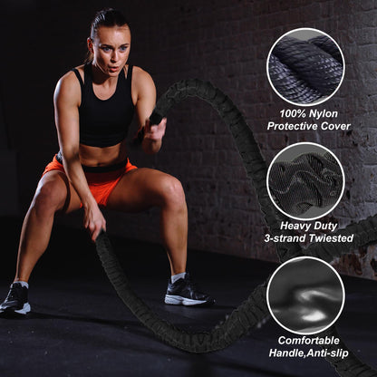 Brobantle Battle Rope 1.5 Inch Diameter,Black 30FT Exercise Workout Ropes for Home Gym Heavy Weighted Training Rope for Working Out