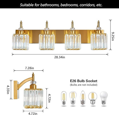 Crystal Vanity Lights Gold 4 Light Bathroom Light Fixtures Over Mirror Modern Vanity Light for Bathroom