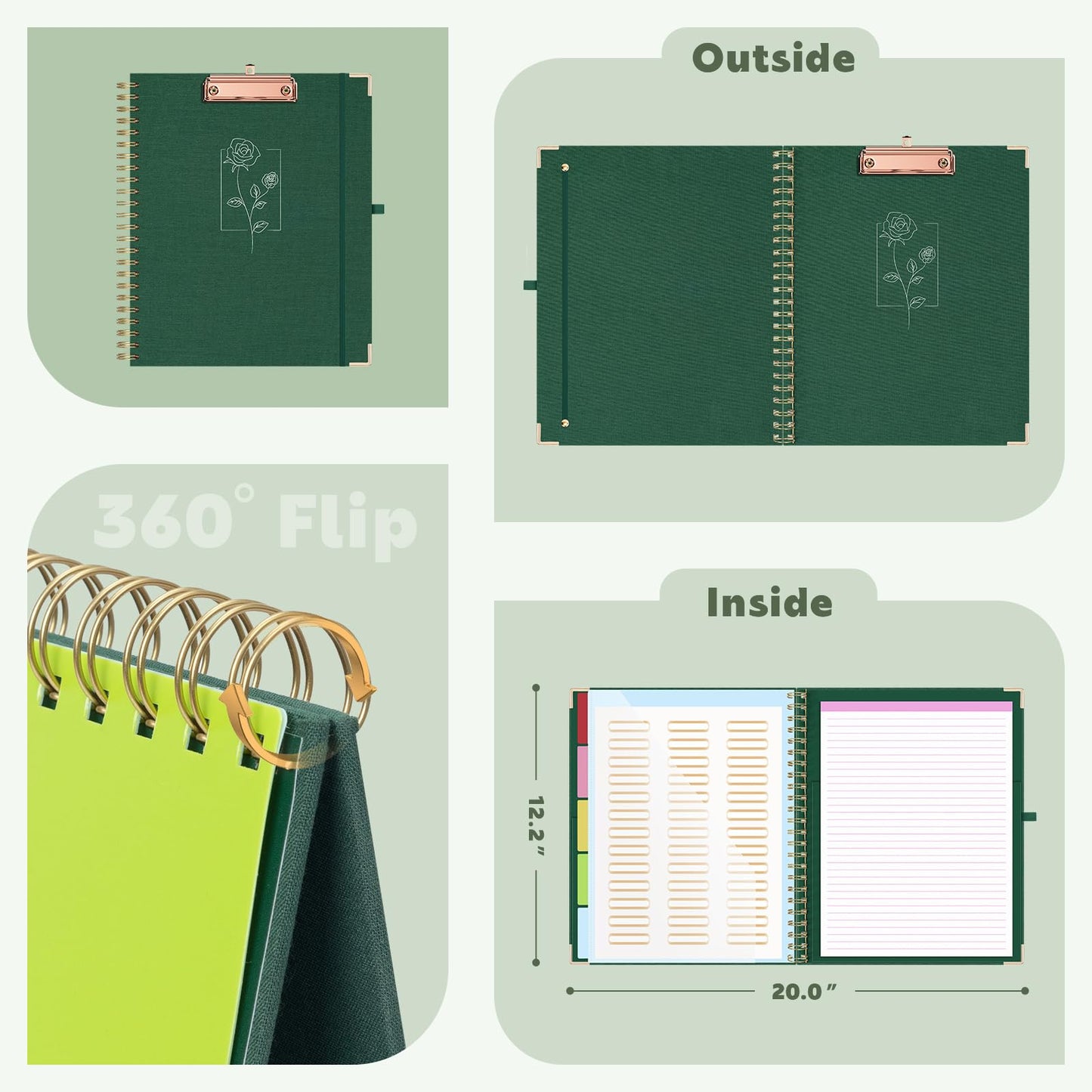 EYROZILL Clipboard with Storage, Clipboards for Letter Size, Clip Board with 5 Folders and 10 Pockets, Spiral Cute Clipboard for Office School Nursing, 8.5'' x 11'' (Linen Green, Letter Size)