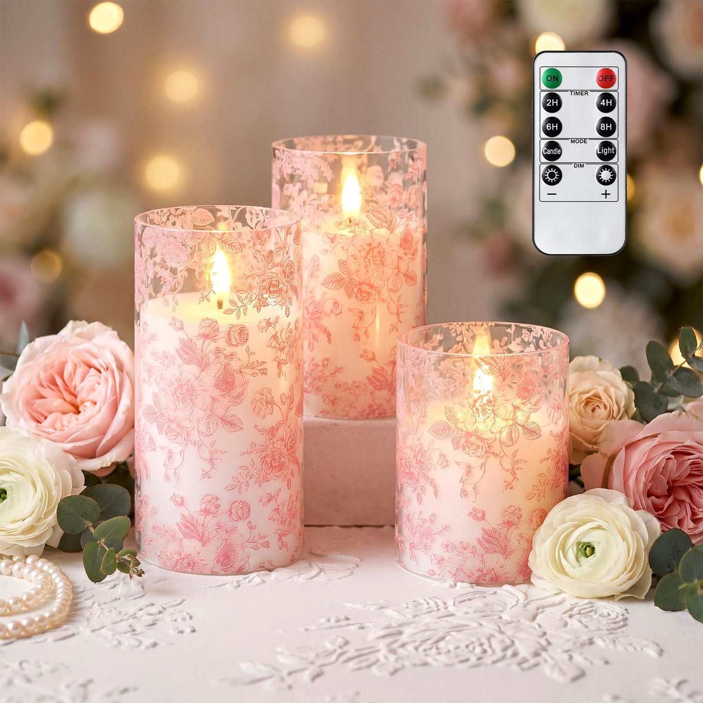 Lewtemi 3 Pcs Flameless Candles with Remote Pink Flower Flickering LED Candles Electric Pillar Candle for Wedding Dinner Christmas Holiday Decor (3 x 4" 5" 6" )