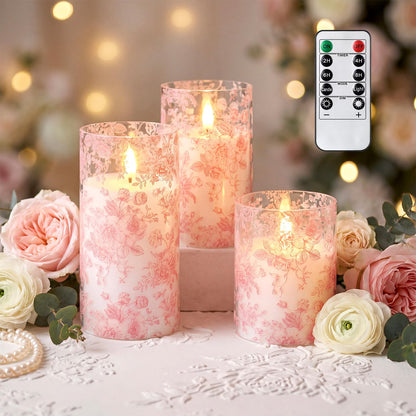 Lewtemi 3 Pcs Flameless Candles with Remote Pink Flower Flickering LED Candles Electric Pillar Candle for Wedding Dinner Christmas Holiday Decor (3 x 4" 5" 6" )