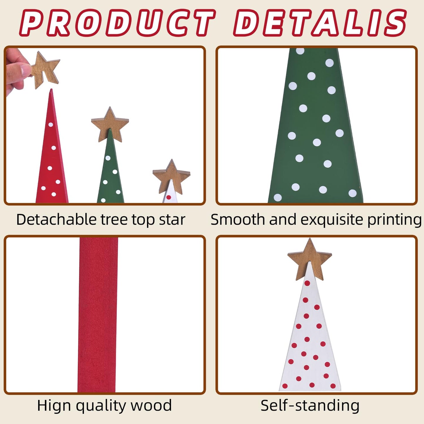 Wooden Christmas Tree Table Decor, 3PCs Rustic Wood Xmas Trees with Detachable Stars, Christmas Decorations Tabletop Shelf, Tiered Tray Centerpieces for Holiday Home Decor (Gold Star)