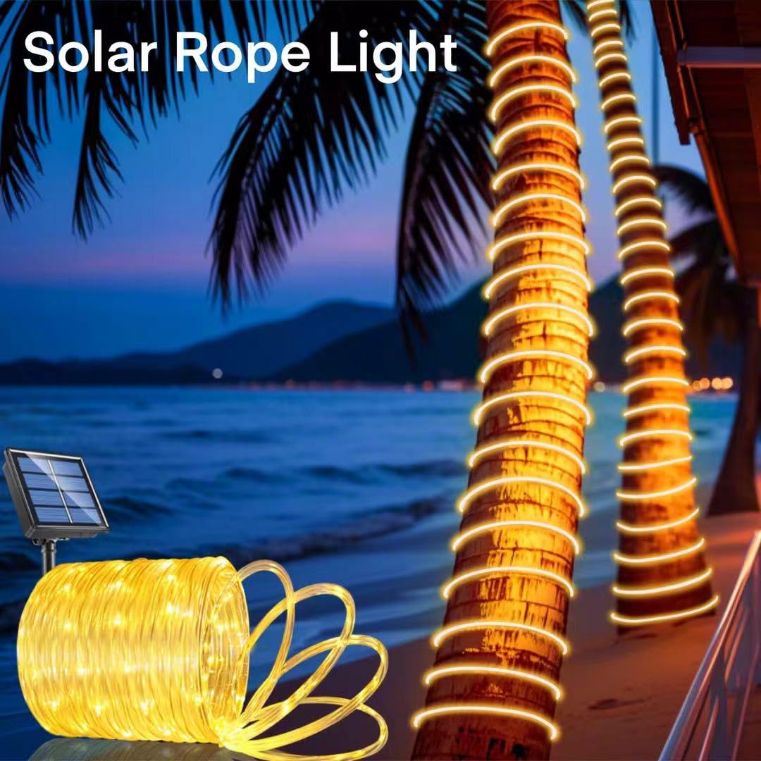Honche Solar Rope Light 33FT 100LED IP65 Waterproof Outdoor LED Copper Fairy String Tube Lights for Party Gazebo Garden Patio Stair Balcony Fence Tree Daily Christmas Decoration (Solar-Warm White)