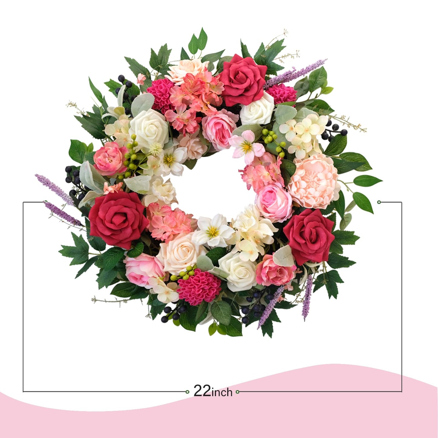 CIR OASES 22 Inch Spring/Summer Floral Wreaths for Front Door,Artificial Decoration Wreath with Rose Dahlia Hydrangea for Home Valentine Wedding Mothers Day Decor(RED)