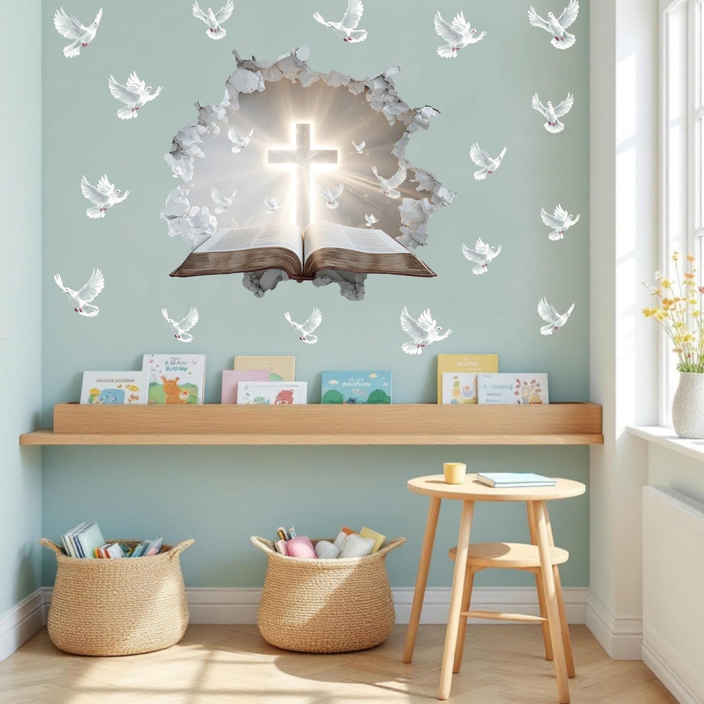 YIMEHDAN 3D Holy Cross Wall Decal, Bible and Pigeon Vinyl Wall Stickers, Removable Blessed Cross Artwork for Christian Religious Prayer Bedroom Living Room Christmas Decor