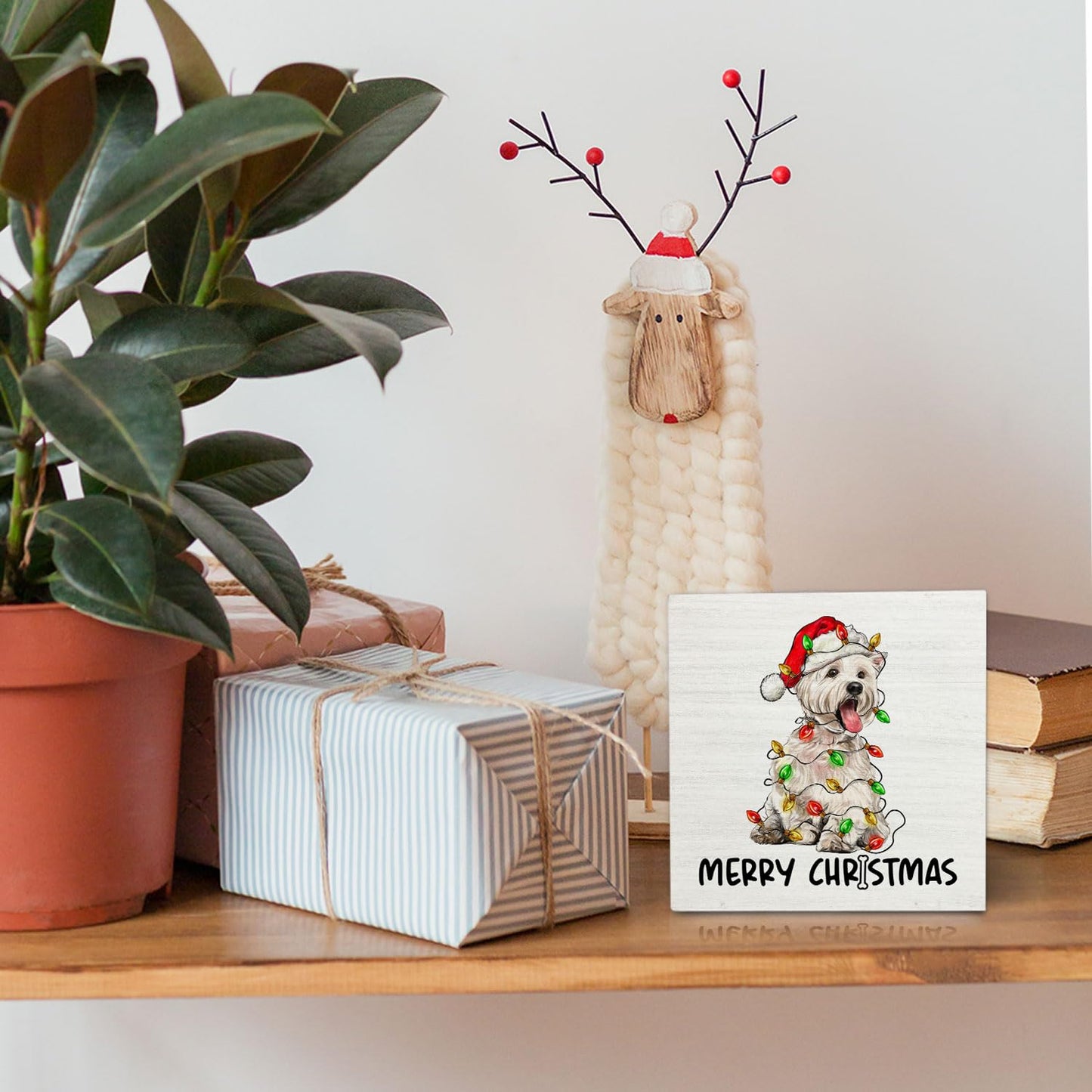 OVAcational West Highland White Terrier Christmas Wooden Box Sign Desk Decor, Westie Dog Lover Gifts, Christmas Dog Wood Block Sign for Home Office Desk Table Shelf Wall Decorations, 5x5 Inch