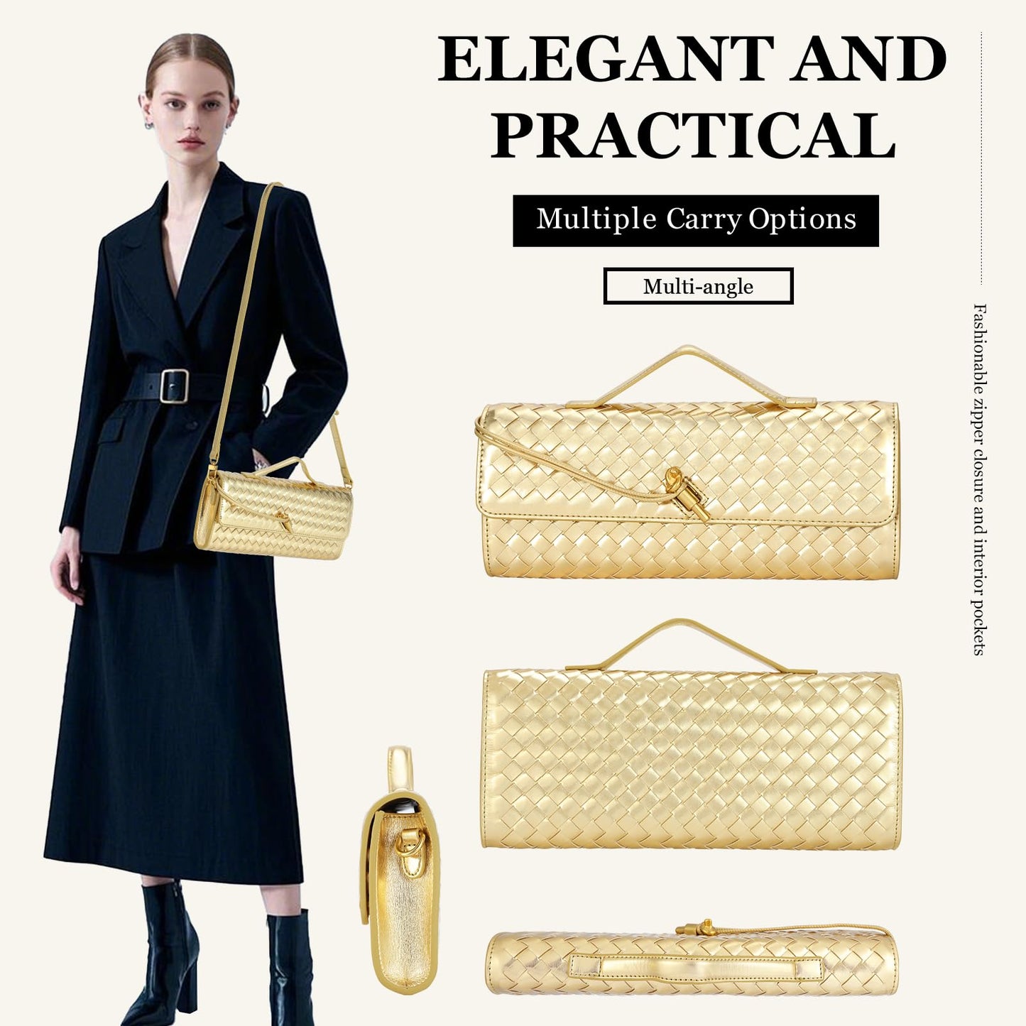 EGCUQ PU Leather Woven Gold Purse,Wedding Clutch,Woven Gold Clutch Purses For Women 11.8" x 1.7" x 4.9"