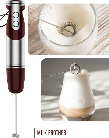 3- in-1 Immersion Hand blender, Powerful MOTOR & Stainless Steel Stick Blender, 4 Sharp Blades with Whisk, Milk Frother Attachments