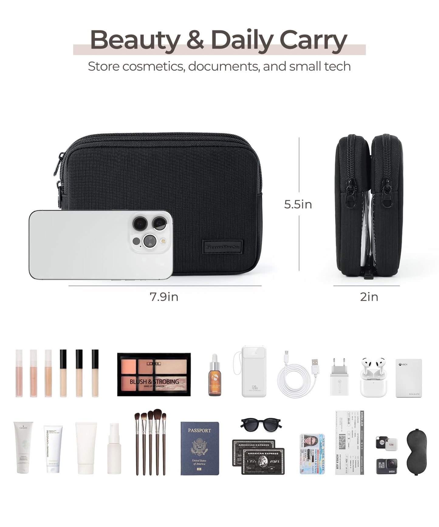 EPEDAL24 Preppy Makeup Bag, Rectangle Double Detachable Cosmetic Organizer, Clear Side Panel Portable Travel Pouches for In-Flight Essentials, Beauty & Tech Accessories, Gift for Women