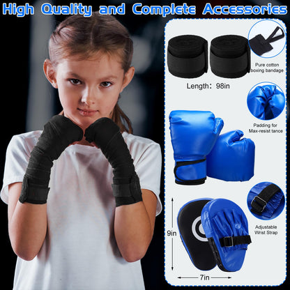 7 Pcs Kids Punching Bag Set Include Boxing Gloves, Inflatable Punching Bag, Hand Wraps, Hand Pads, Air Pump, Kids Boxing Training Set for Karate Kickboxing Taekwondo(Blue)
