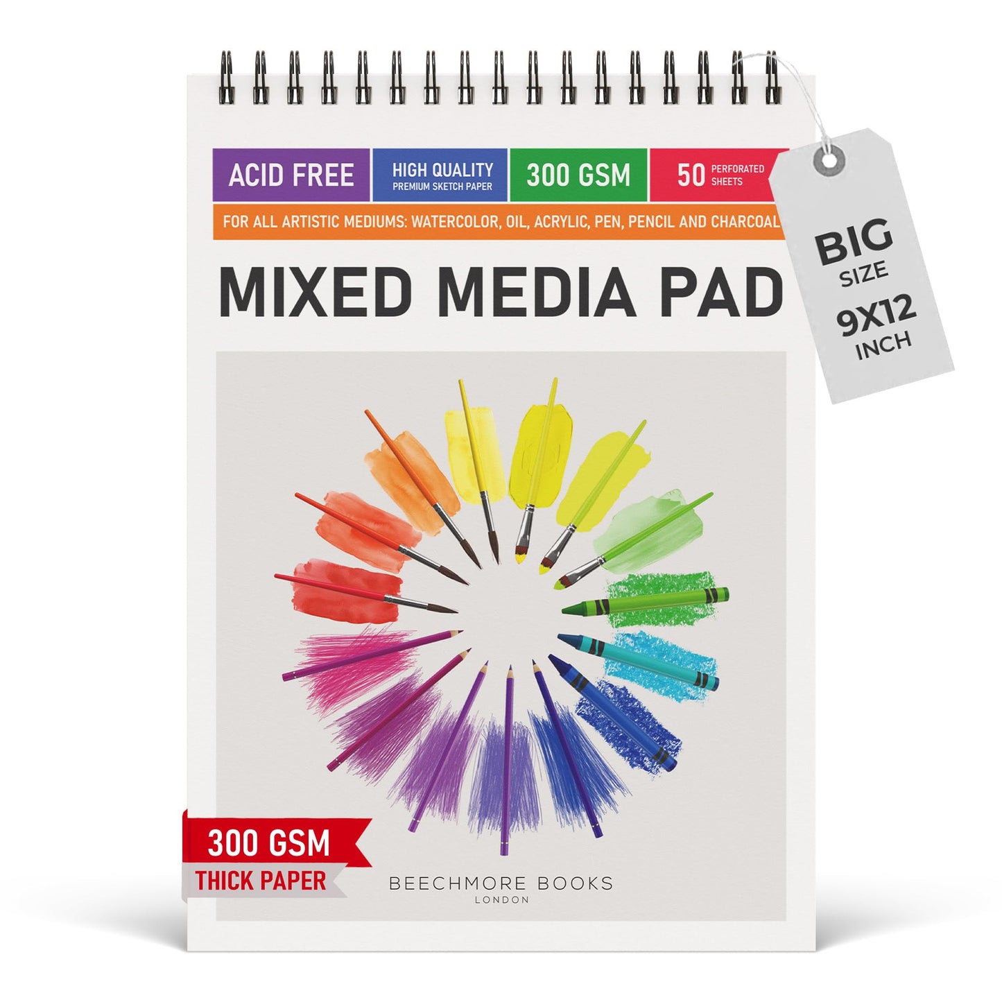 Beechmore Books 9"x12" Watercolor Sketchpad - Professional Spiral Bound Sketchbook, 50 Sheets 300 GSM / 140 lb Heavyweight Acid-Free Paper, Micro-Perforated for Acrylic, Gouache and Mixed Media