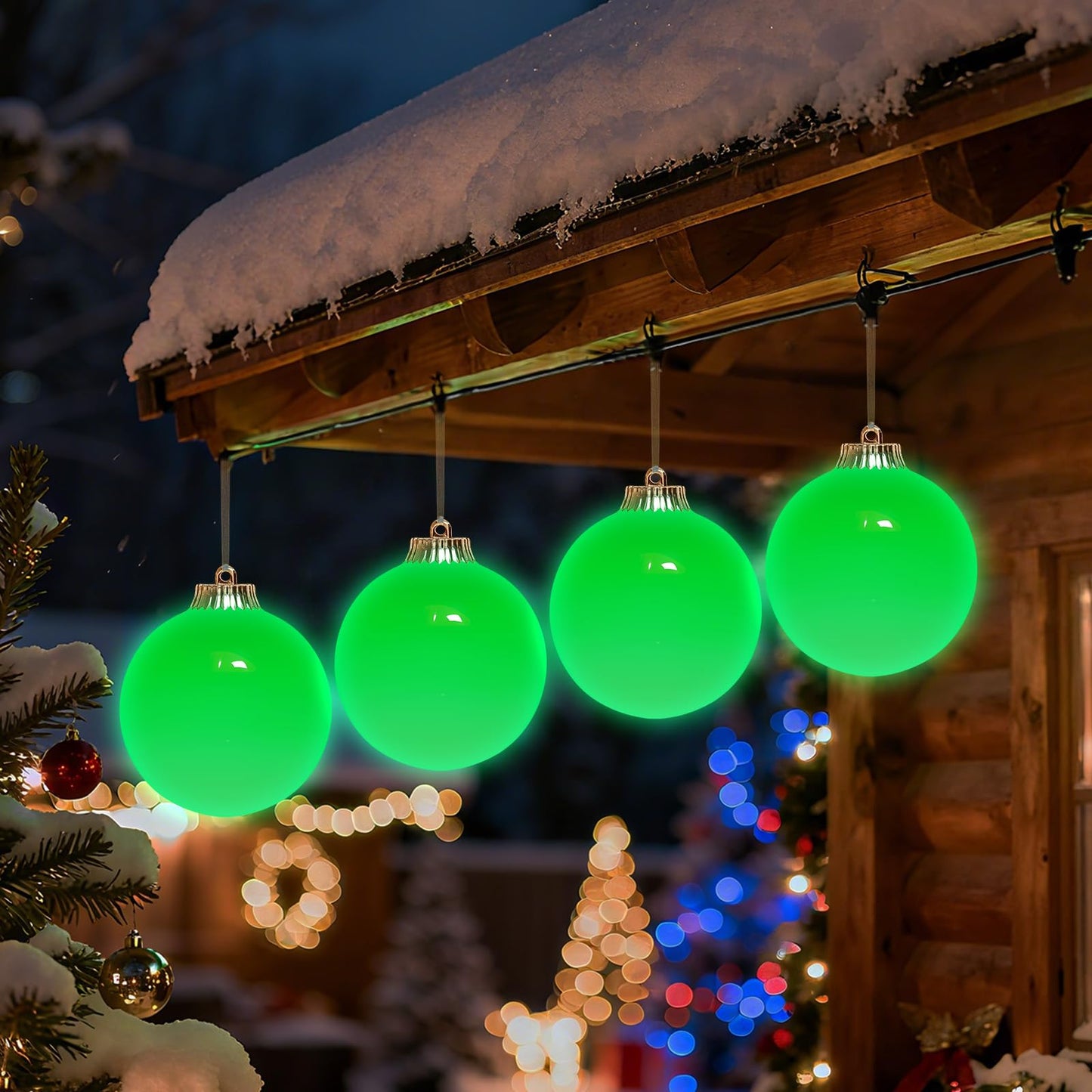 Lanpn 4 Pcs 6" Outdoor LED Ornament, Large Christmas Battery Powered Ball Lights, Xmas Tree Sphere Bulb Decor with Dark Sensor, Christmas Lighted Ornaments for Lawn Garden Yard Patio, Green