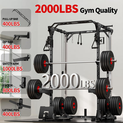 JEEKEE Power Cage with Cable Crossover System, 2000LB Multi-Function Power Rack with Independent Dual Pulleys, LAT Pulldown Seat Cushion, 20+ Attachments Squat Rack for Home Gym Workout,Black