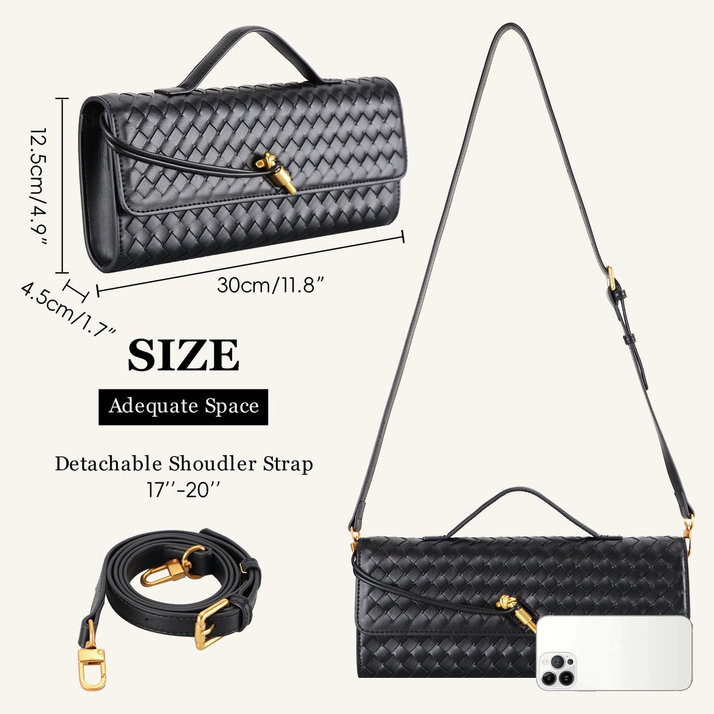 EGCUQ Pu Leather Woven Bag Purse,Black Clutch, Woven Evening Bag For Women 11.8" x 1.7" x 4.9" (Black)