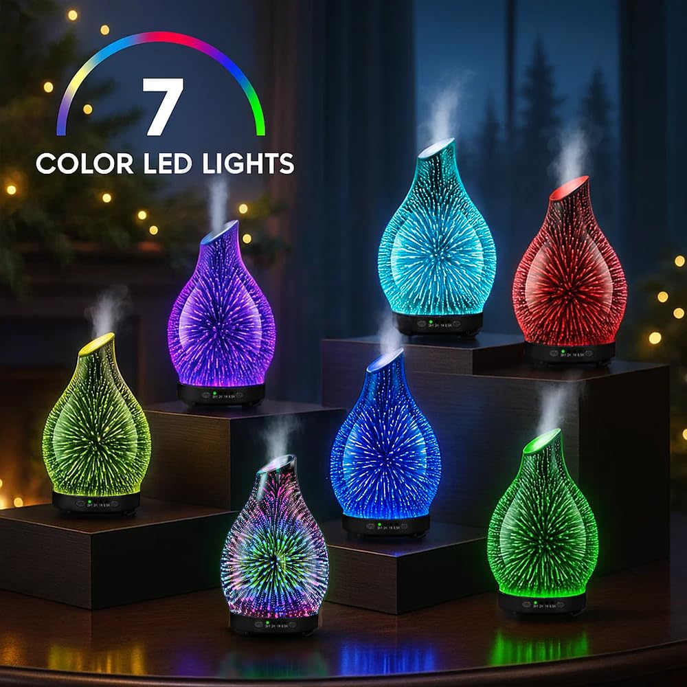 JOYOLO 120ML Essential Oil Diffuser, 3D Glass Aromatherapy Diffuser with Auto Shut-Off and 7 Color LED Lights, Ultrasonic Mist Humidifier with 4 Timer for Home Office Bedroom (3D Fireworks)