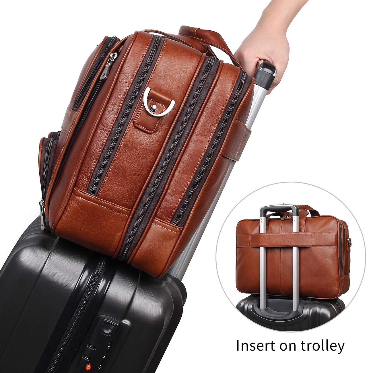 Augus Business Travel Briefcase Genuine Leather Duffel Bags for Men Laptop Bag fits 15.6 inches Laptop (Light Brown)