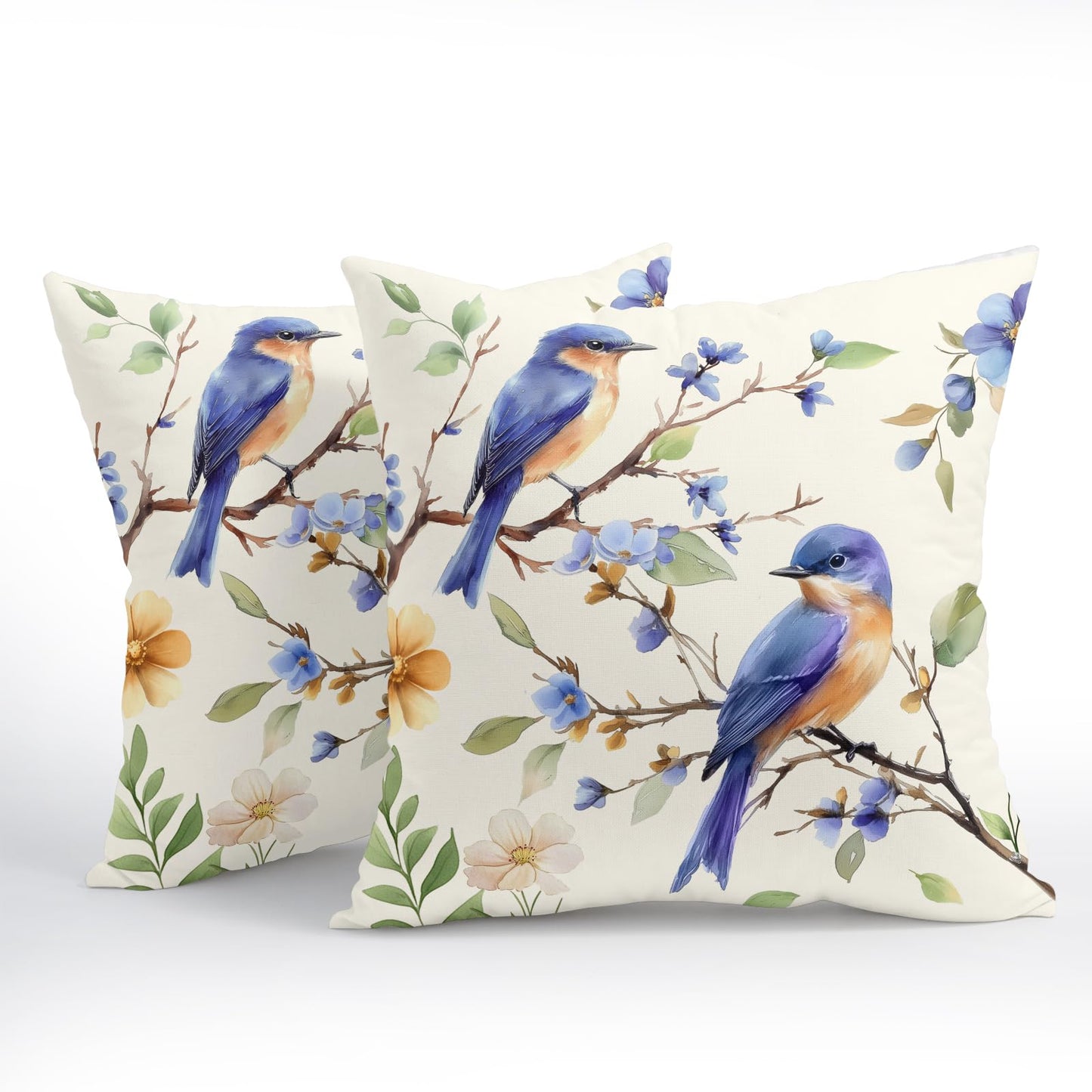 Spring Summer Pillow Covers 24x24 Inch Set of 2 Blue Floral Bird Decorative Outdoor Throw Pillows Yellow Green Flower Pillowcases Cotton Linen Cushion Cover for Sofa Bed Couch Home Decor