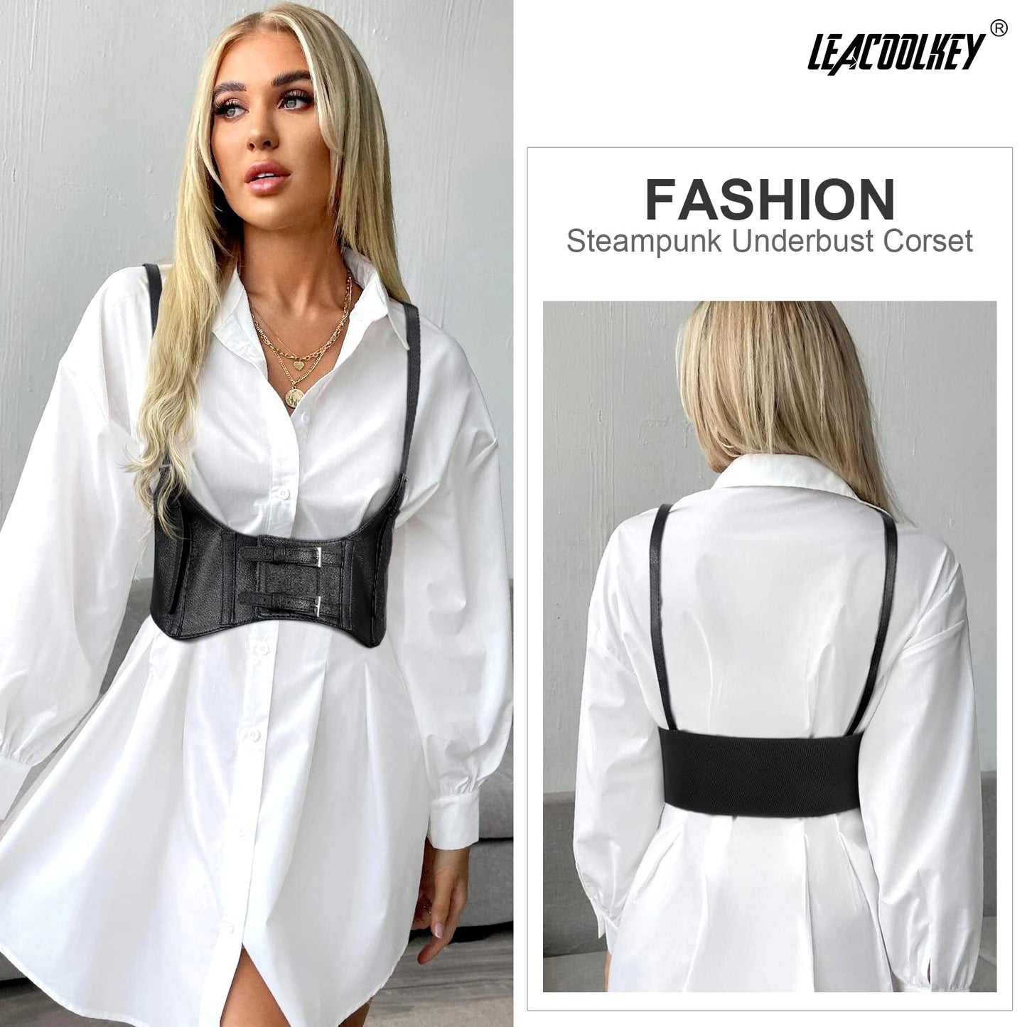 LEACOOLKEY Women Fashion Body Waist Belt Black Steampunk Underbust Corset Belt for Dress Halloween Costume