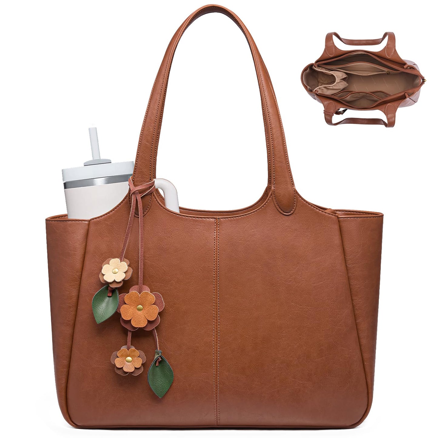 LOVEVOOK Tote Bag for Women, Leather Vintage Work Bag with 40oz Cup Holder,Nurse Teacher Shoulder Bag,Roomy,6 Pockets