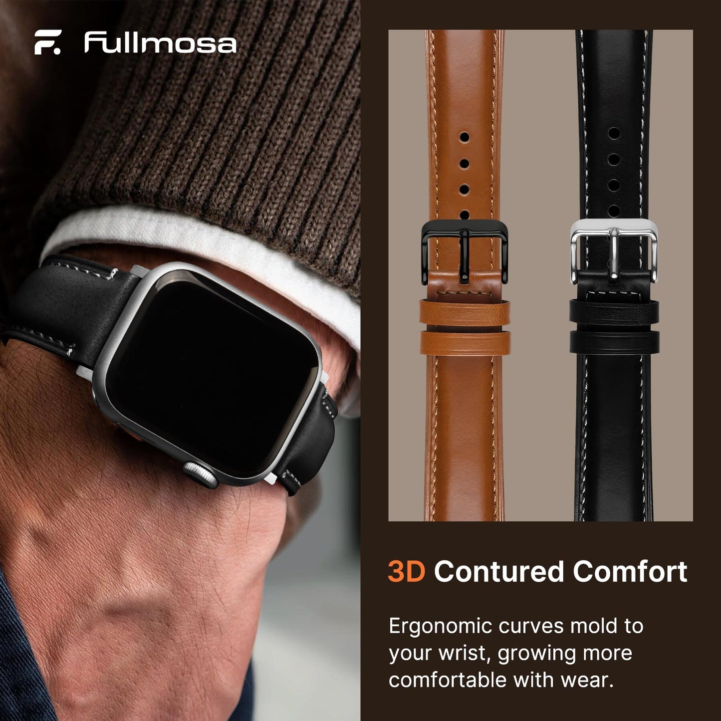Fullmosa Leather Band Compatible with Apple Watch Bands 49mm 46mm 45mm 44mm 42mm,Top Grain Leather iWatch Straps for Apple Watch Ultra SE Series 11 10 9 8 7 6 5 4 3 2 1,Brown+Black/Black+Silver