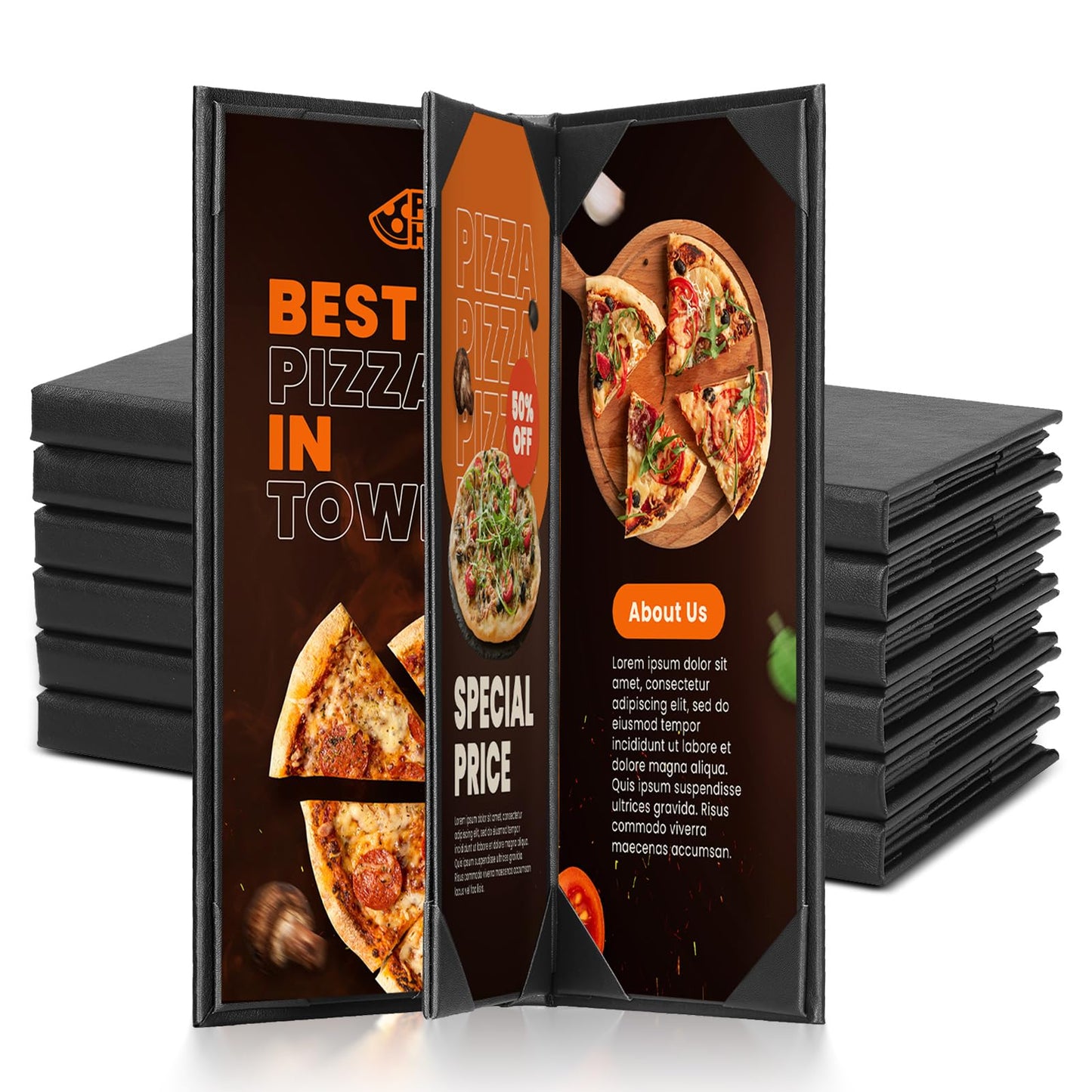 MYFULLY Restaurant Menu Holders 4.25" x 11", 6 Pack Black PU Leather Single Panel Menu Covers with Angled Corners for Restaurant, Bar, Coffee Shop, Wine List (4 View)